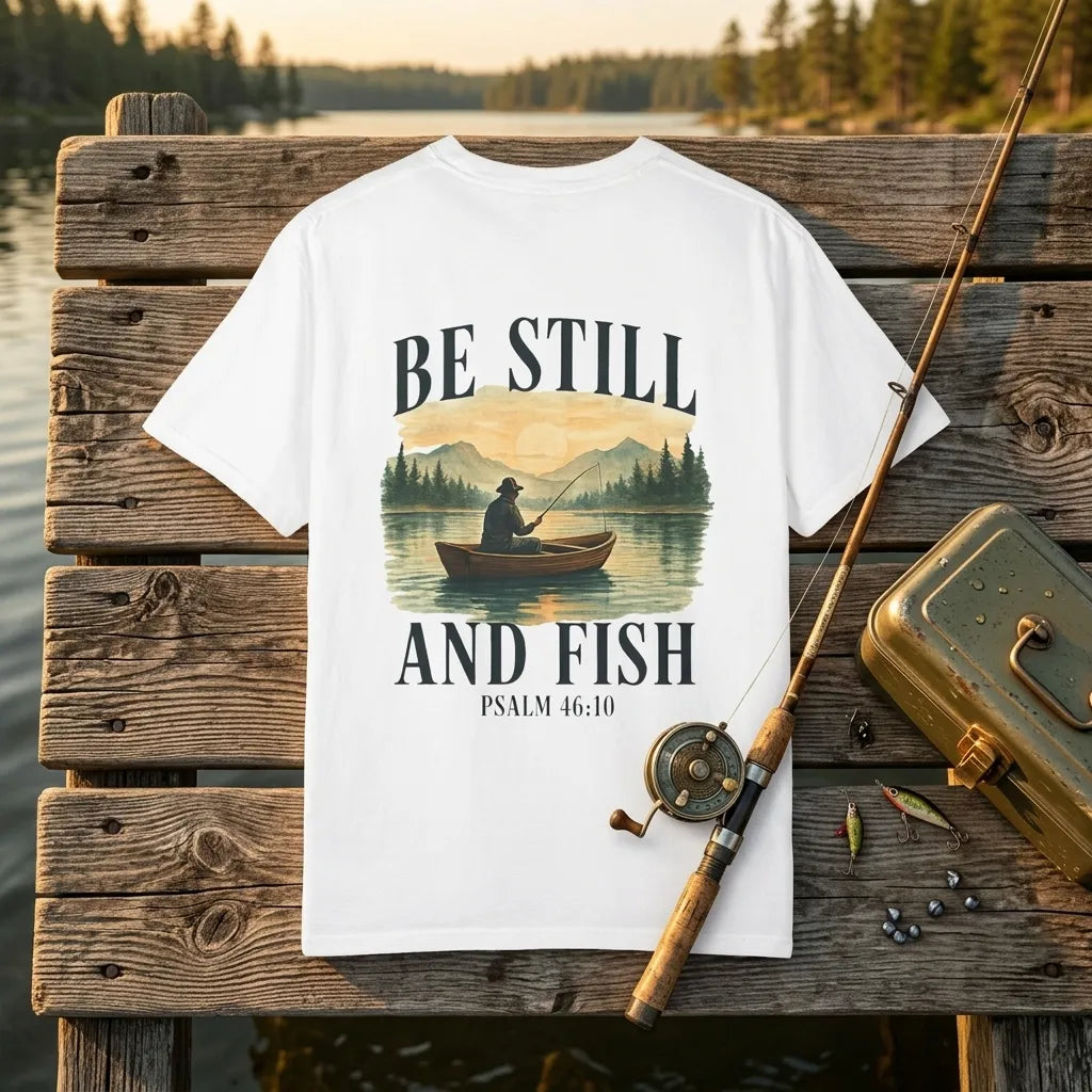 Be Still and Fish T-Shirt For Him — Psalm 46:10 Christian Fishing Graphic Tee