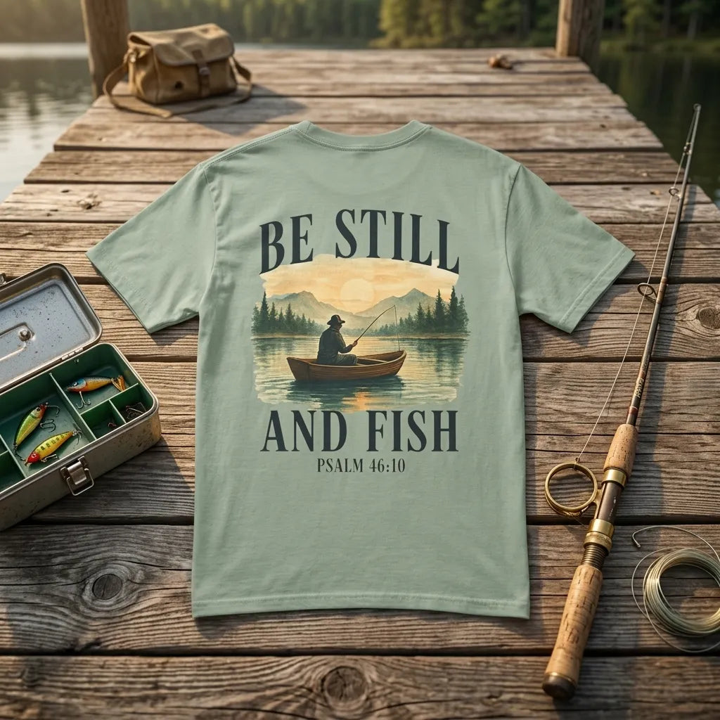 Be Still and Fish T-Shirt For Him — Psalm 46:10 Christian Fishing Graphic Tee