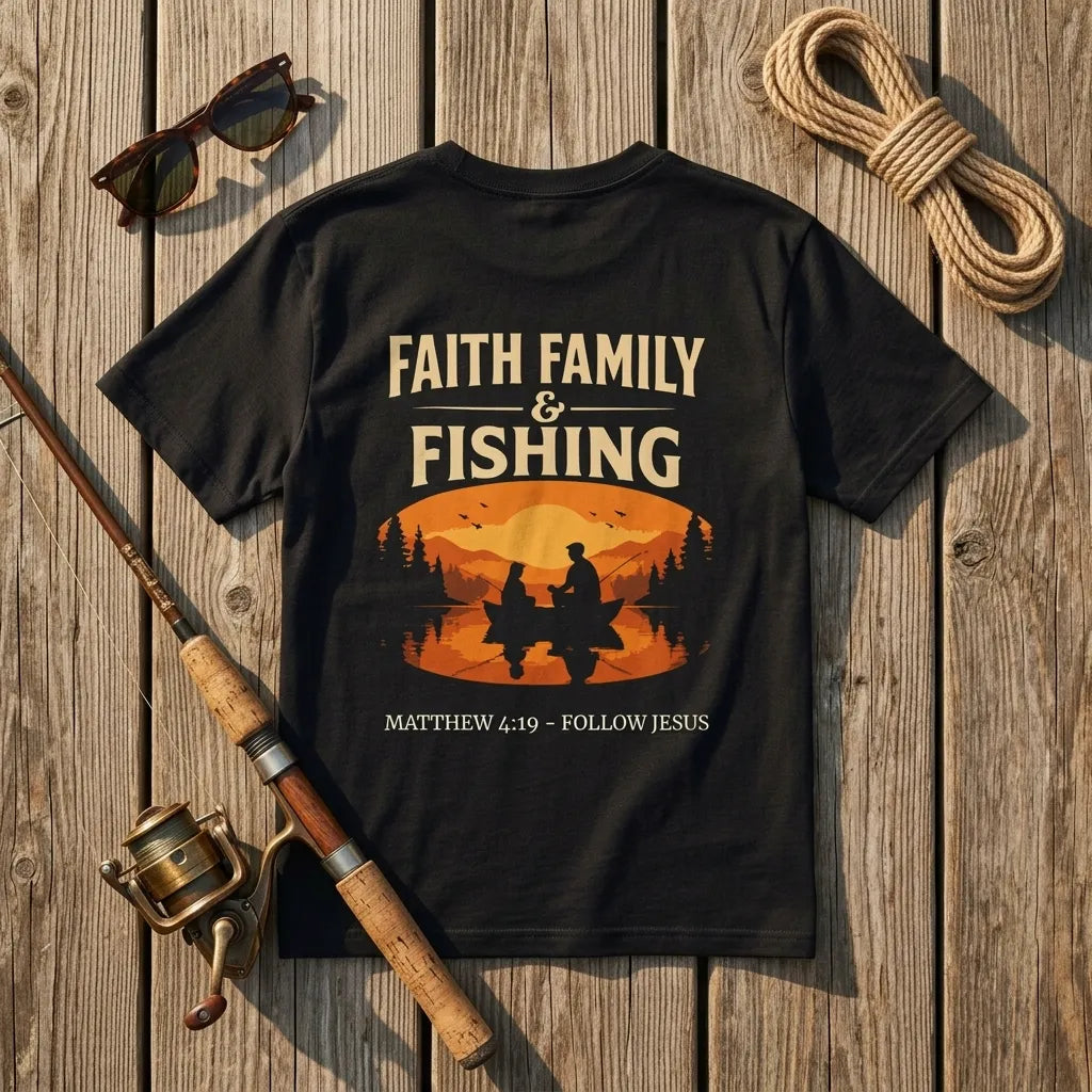 Faith, Family & Fishing T-Shirt For Him — Matthew 4:19 Christian Fishing Tee