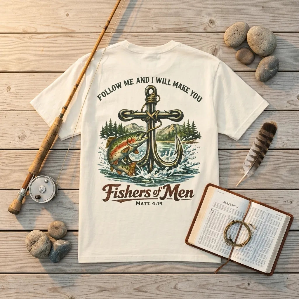 Fishers of Men T-Shirt For Him — Bass Fish Christian Fishing Tee (Mark 4:19)