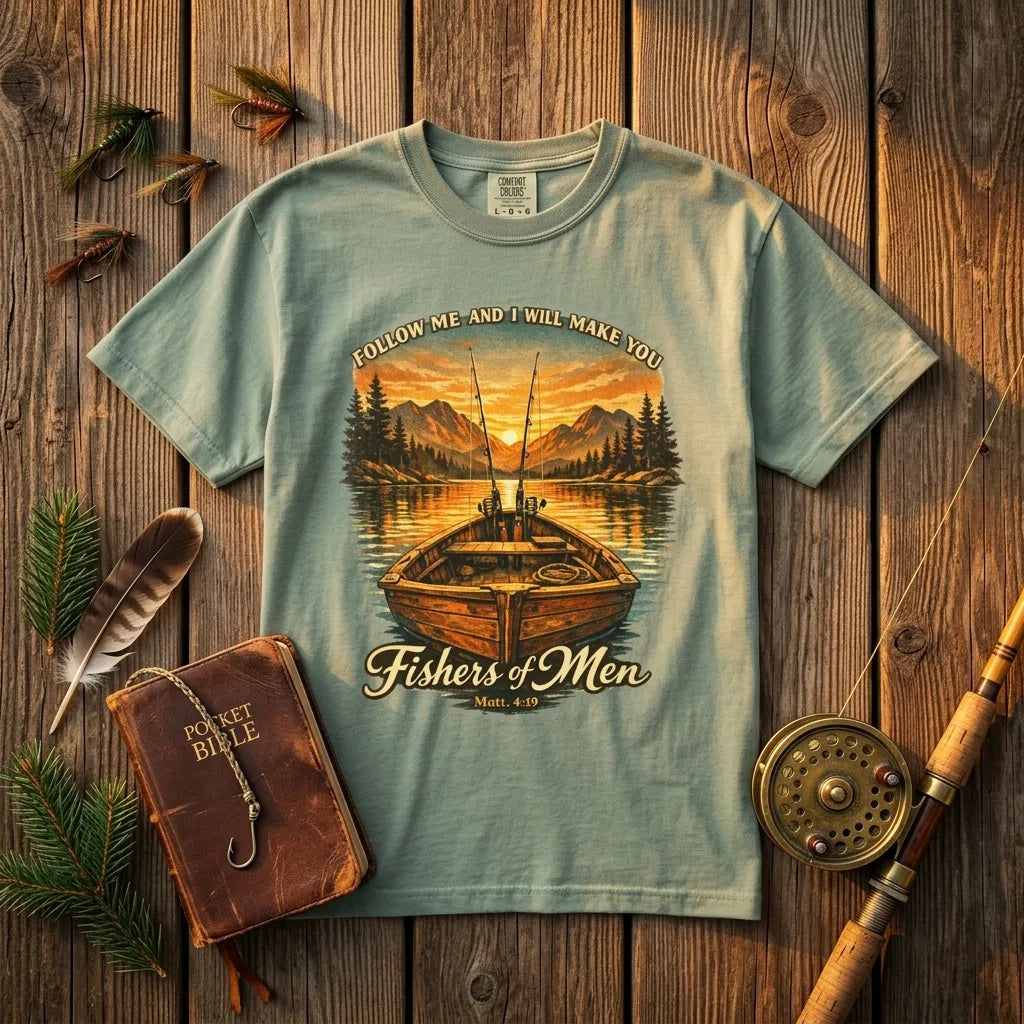 "Fishers of Men" Boat Sunset T-Shirt For Him — Matthew 4:19 Christian Tee