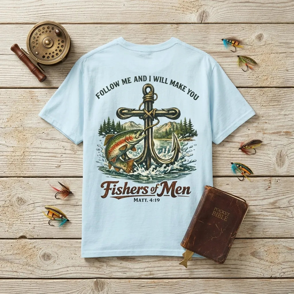 Fishers of Men T-Shirt For Him — Bass Fish Christian Fishing Tee (Mark 4:19)