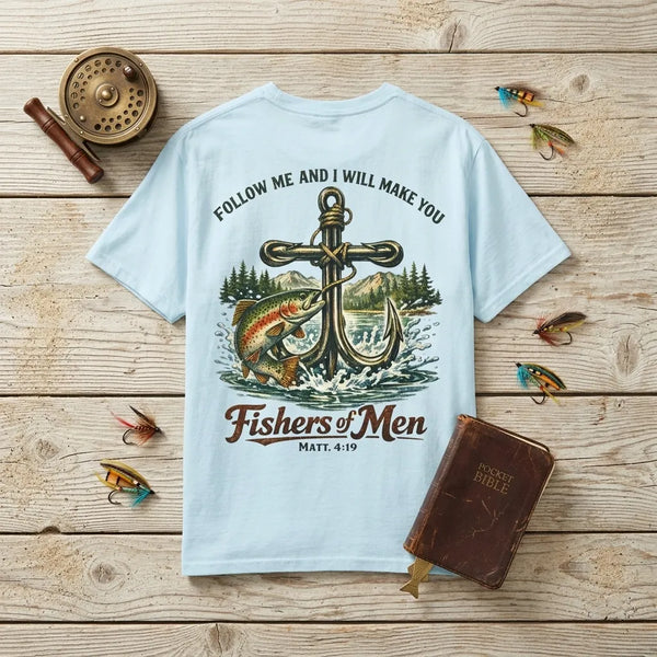 Fishers of Men T-Shirt For Him — Bass Fish Christian Fishing Tee (Mark 4:19)