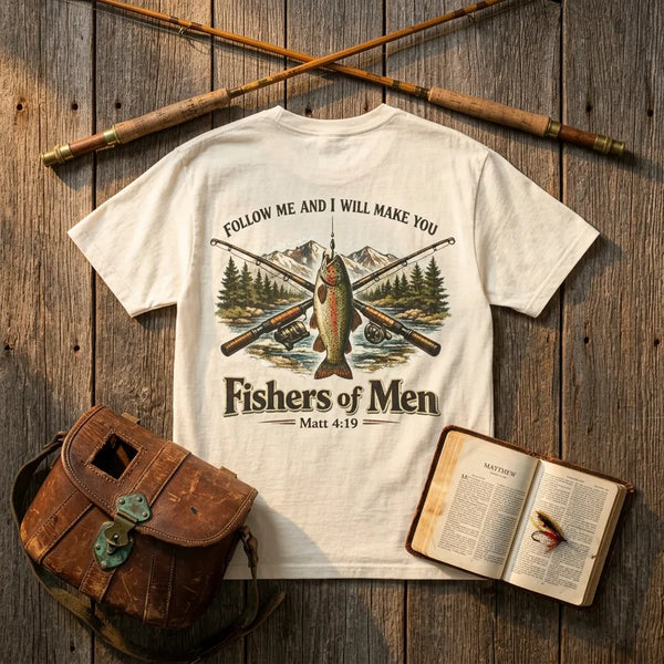 Fishers of Men T-Shirt For Him — Crossed Rods Christian Fishing Tee (Mark 4:19)