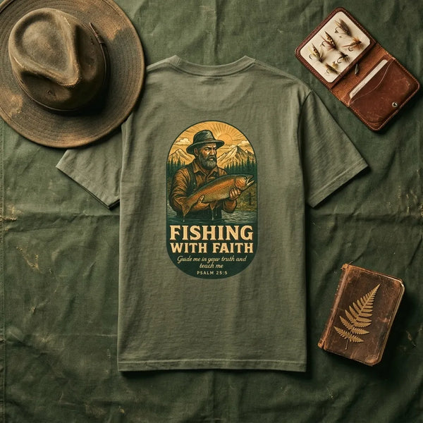 Fishing With Faith T-Shirt For Him — Vintage Angler Christian Tee