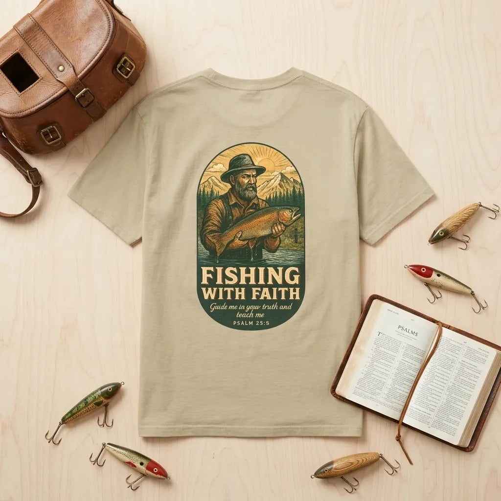 Fishing With Faith T-Shirt For Him — Vintage Angler Christian Tee