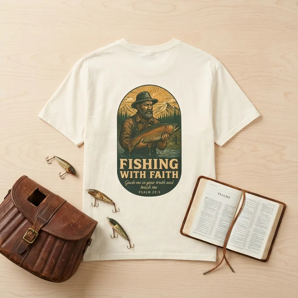 Fishing With Faith T-Shirt For Him — Vintage Angler Christian Tee