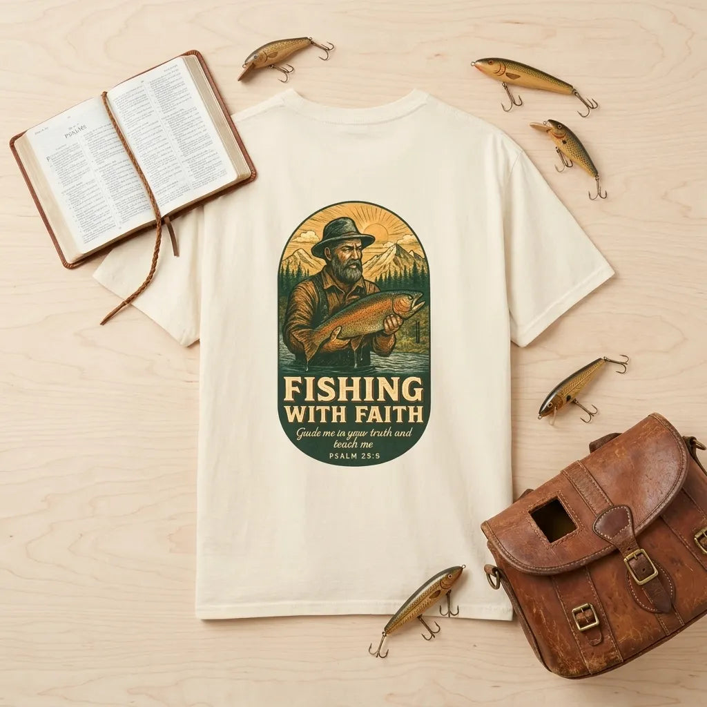 Fishing With Faith T-Shirt For Him — Vintage Angler Christian Tee
