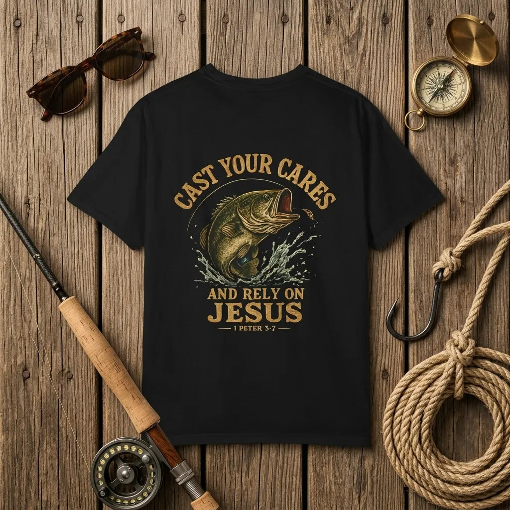 Cast Your Cares Fishing T-Shirt For Him — 1 Peter 5:7 Christian Faith Fishing Tee