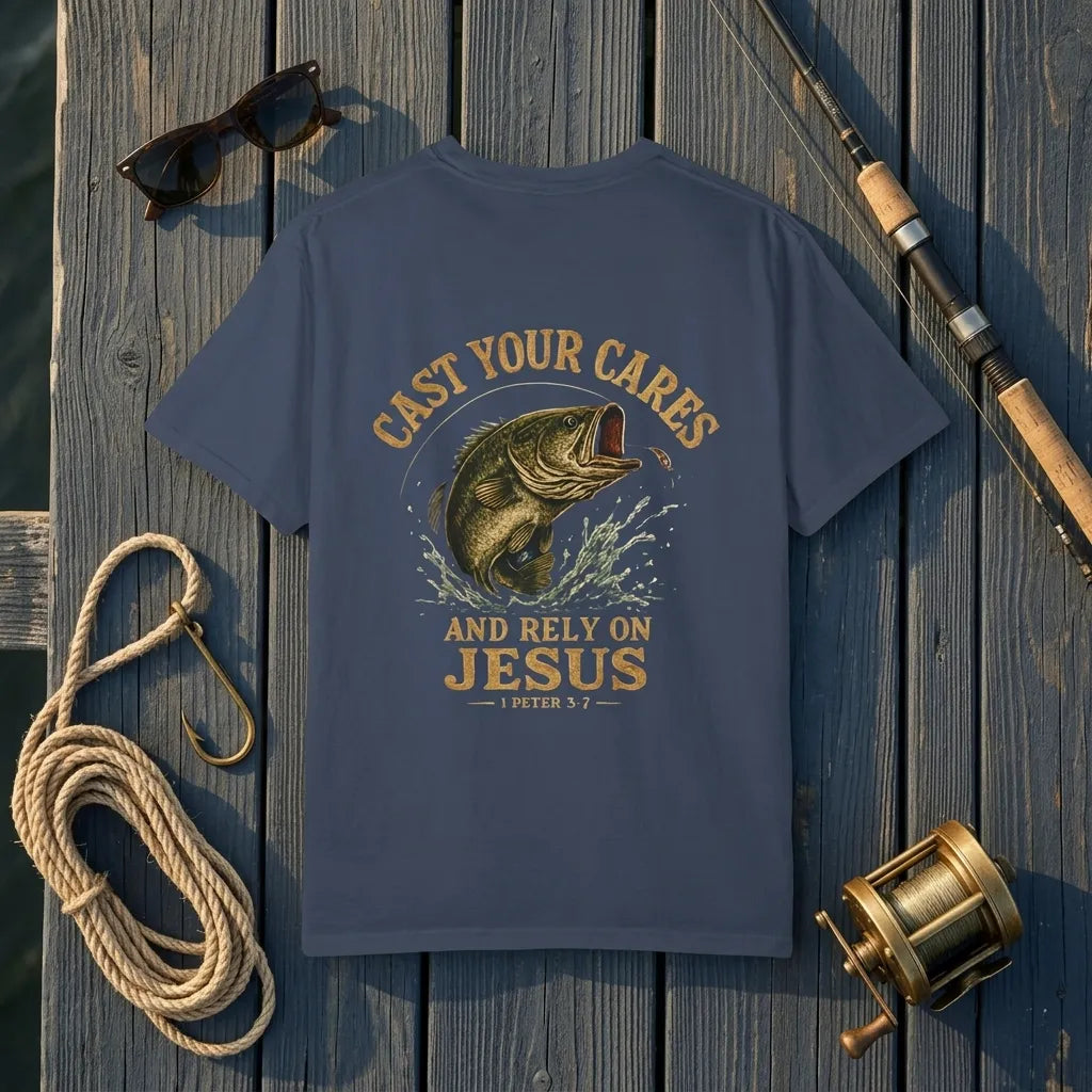 Cast Your Cares Fishing T-Shirt For Him — 1 Peter 5:7 Christian Faith Fishing Tee