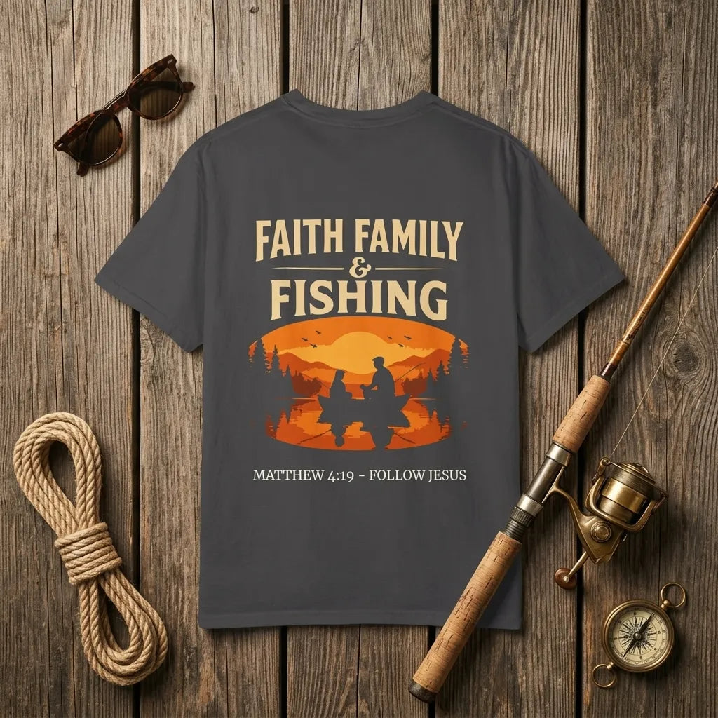 Faith, Family & Fishing T-Shirt For Him — Matthew 4:19 Christian Fishing Tee