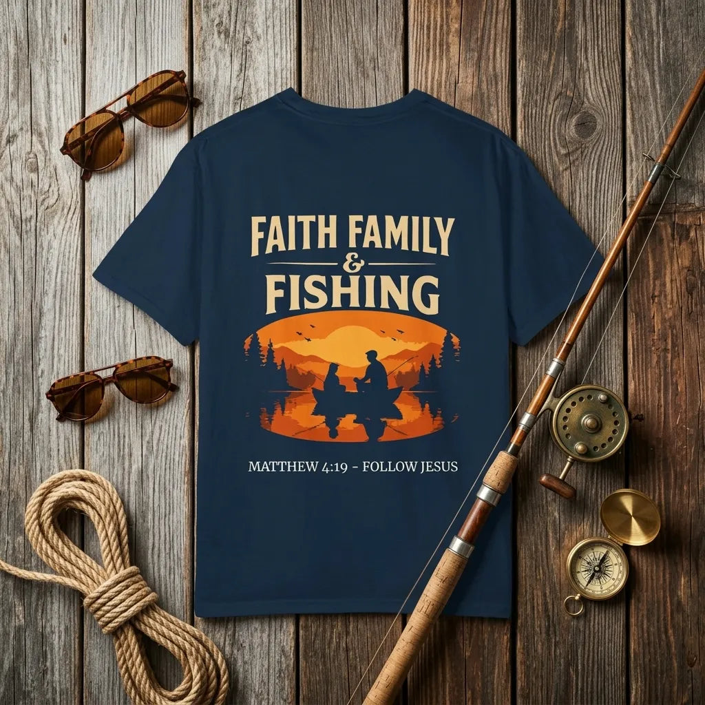 Faith, Family & Fishing T-Shirt For Him — Matthew 4:19 Christian Fishing Tee