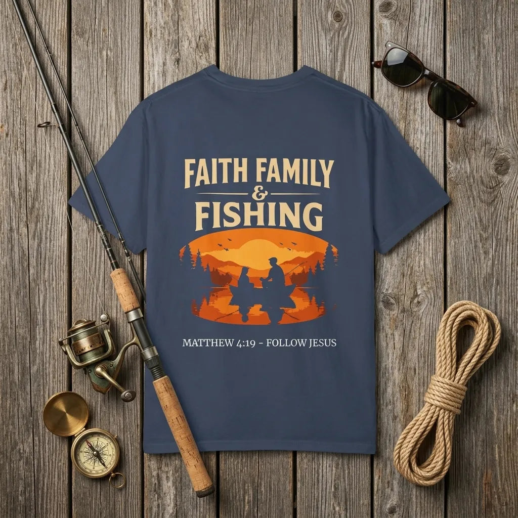 Faith, Family & Fishing T-Shirt For Him — Matthew 4:19 Christian Fishing Tee