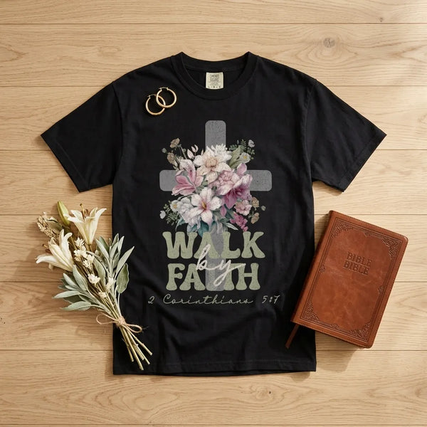 Faith Cross Floral T-Shirt — "Walk by Faith" Christian Tee (2 Corinthians 5:7)