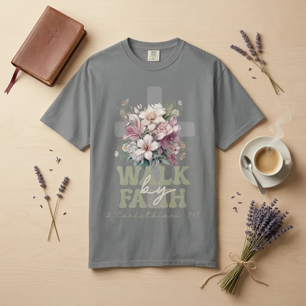 Faith Cross Floral T-Shirt — "Walk by Faith" Christian Tee (2 Corinthians 5:7)