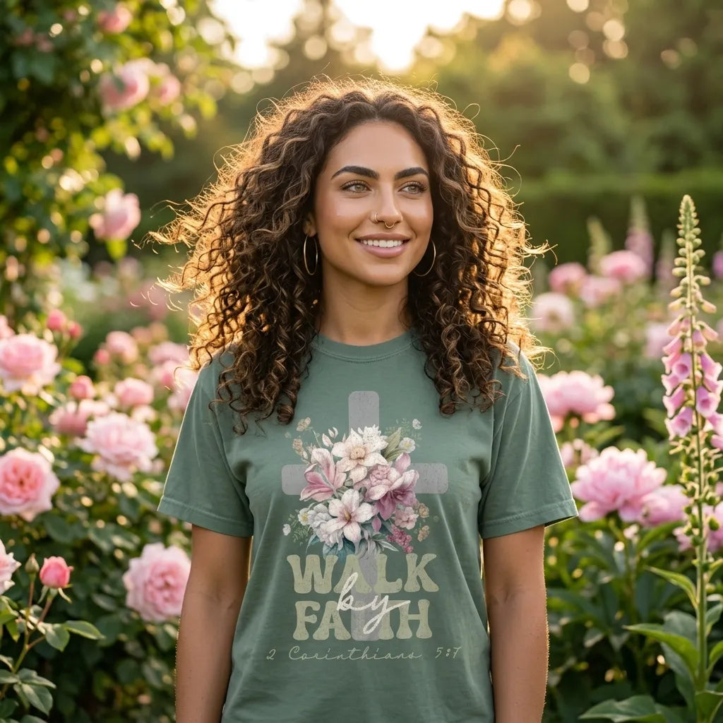 Faith Cross Floral T-Shirt — "Walk by Faith" Christian Tee (2 Corinthians 5:7)