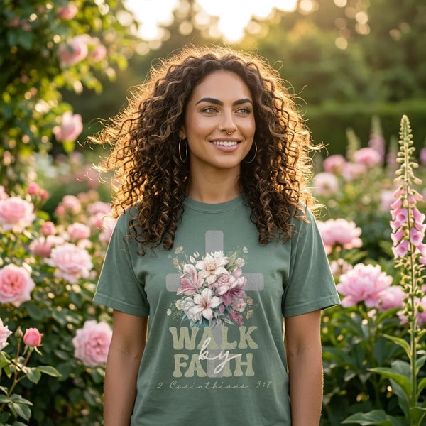 Faith Cross Floral T-Shirt — "Walk by Faith" Christian Tee (2 Corinthians 5:7)