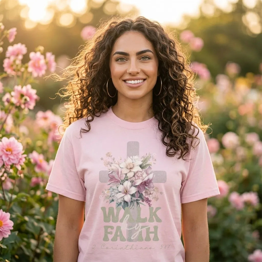 Faith Cross Floral T-Shirt — "Walk by Faith" Christian Tee (2 Corinthians 5:7)