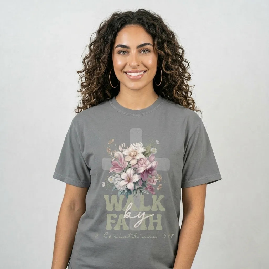 Faith Cross Floral T-Shirt — "Walk by Faith" Christian Tee (2 Corinthians 5:7)
