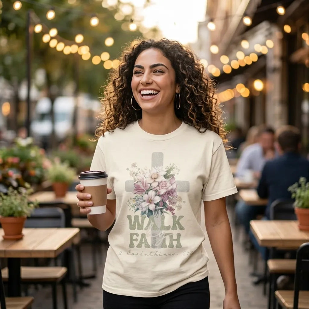 Faith Cross Floral T-Shirt — "Walk by Faith" Christian Tee (2 Corinthians 5:7)