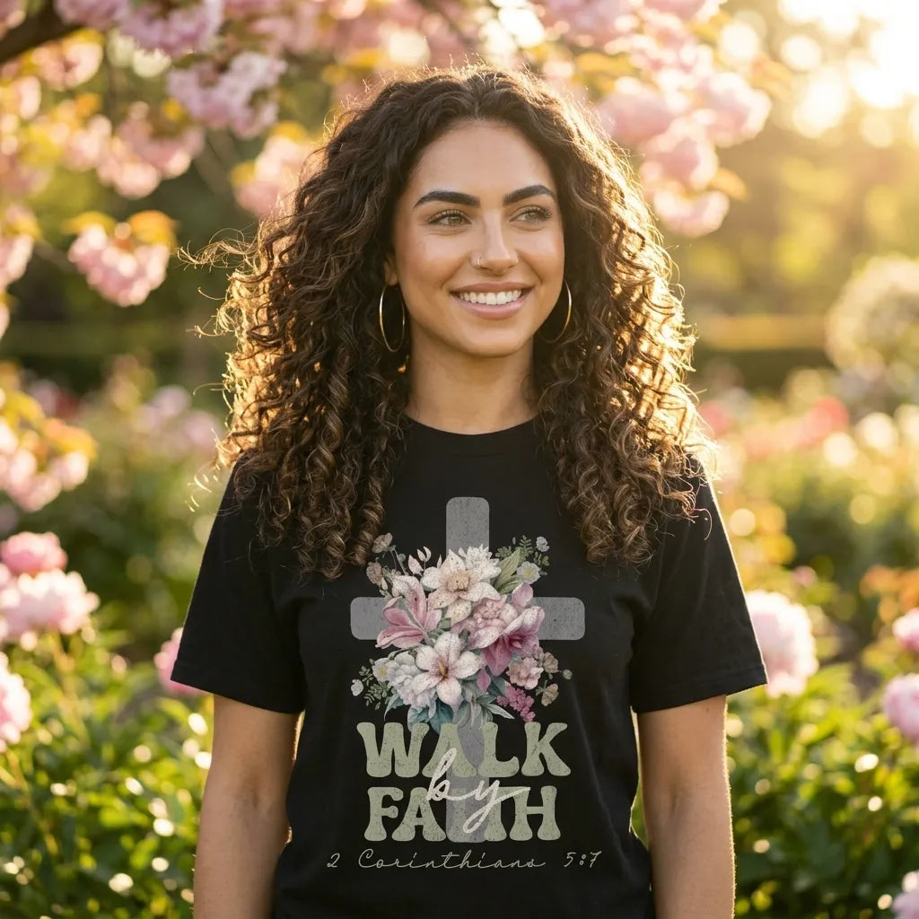 Faith Cross Floral T-Shirt — "Walk by Faith" Christian Tee (2 Corinthians 5:7)