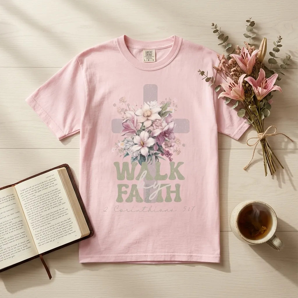 Faith Cross Floral T-Shirt — "Walk by Faith" Christian Tee (2 Corinthians 5:7)