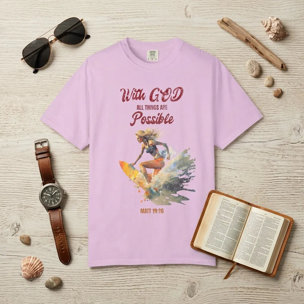 With God All Things Are Possible T-Shirt For Him — Matthew 19:26 Christian Surf Tee