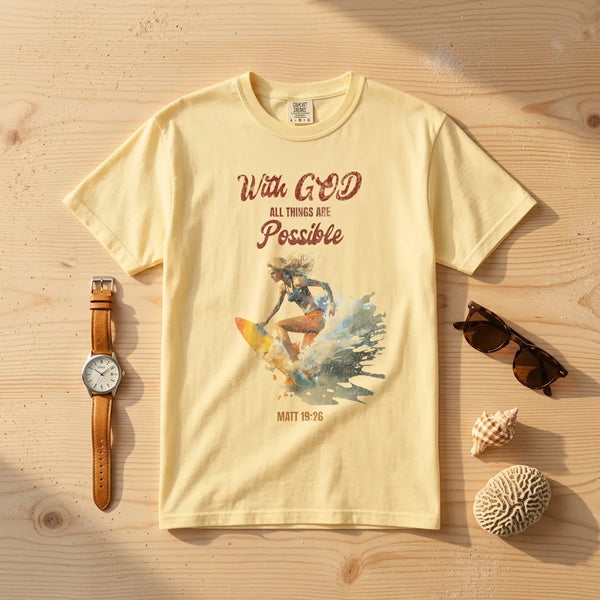 With God All Things Are Possible T-Shirt For Him — Matthew 19:26 Christian Surf Tee