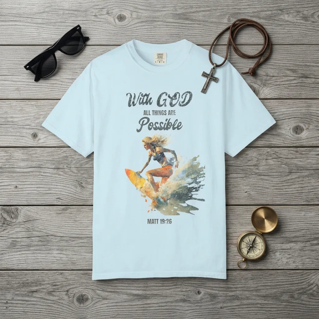 With God All Things Are Possible T-Shirt For Him — Matthew 19:26 Christian Surf Tee