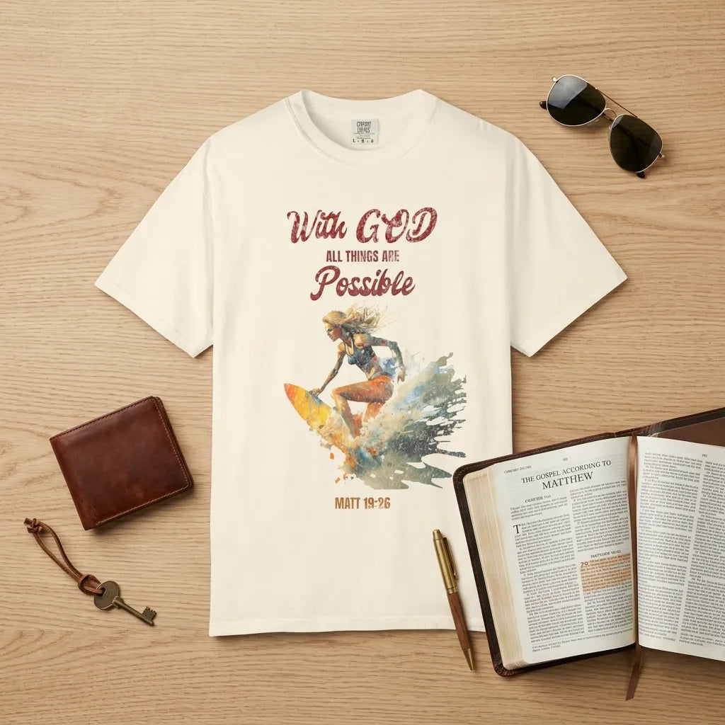 With God All Things Are Possible T-Shirt For Him — Matthew 19:26 Christian Surf Tee