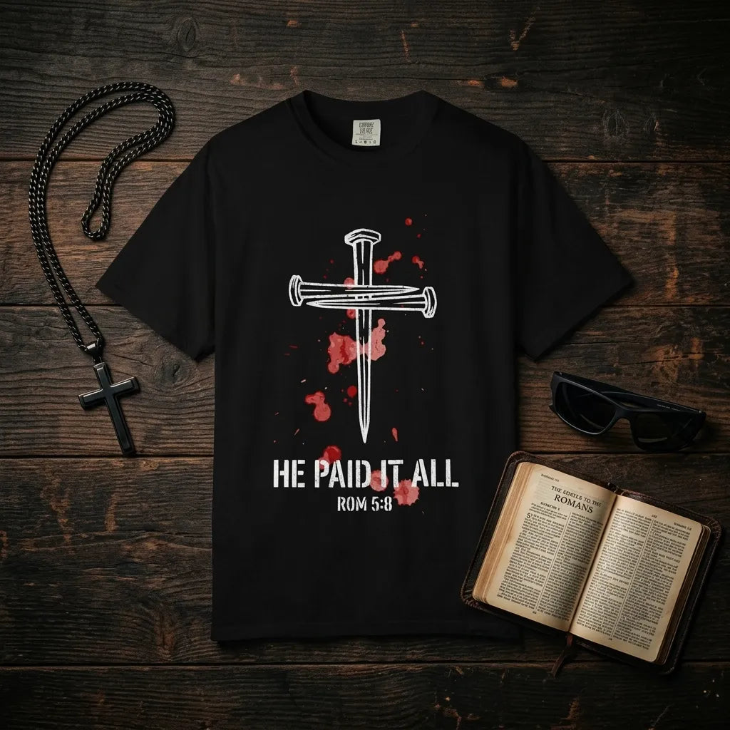 "He Paid It All" Nail Cross T-Shirt For Him — Romans 5:8 Christian Tee