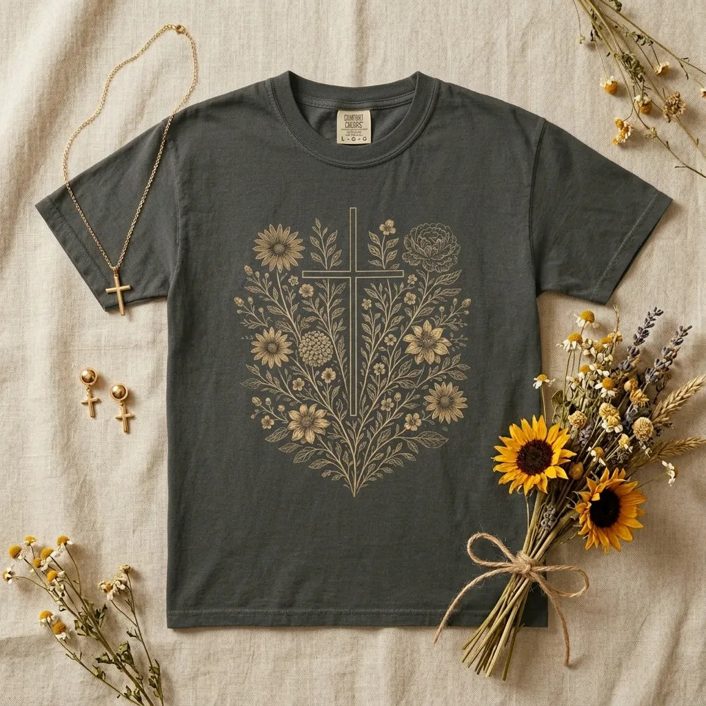 Floral Cross T-Shirt For Her — Vintage Botanical Christian Faith Tee