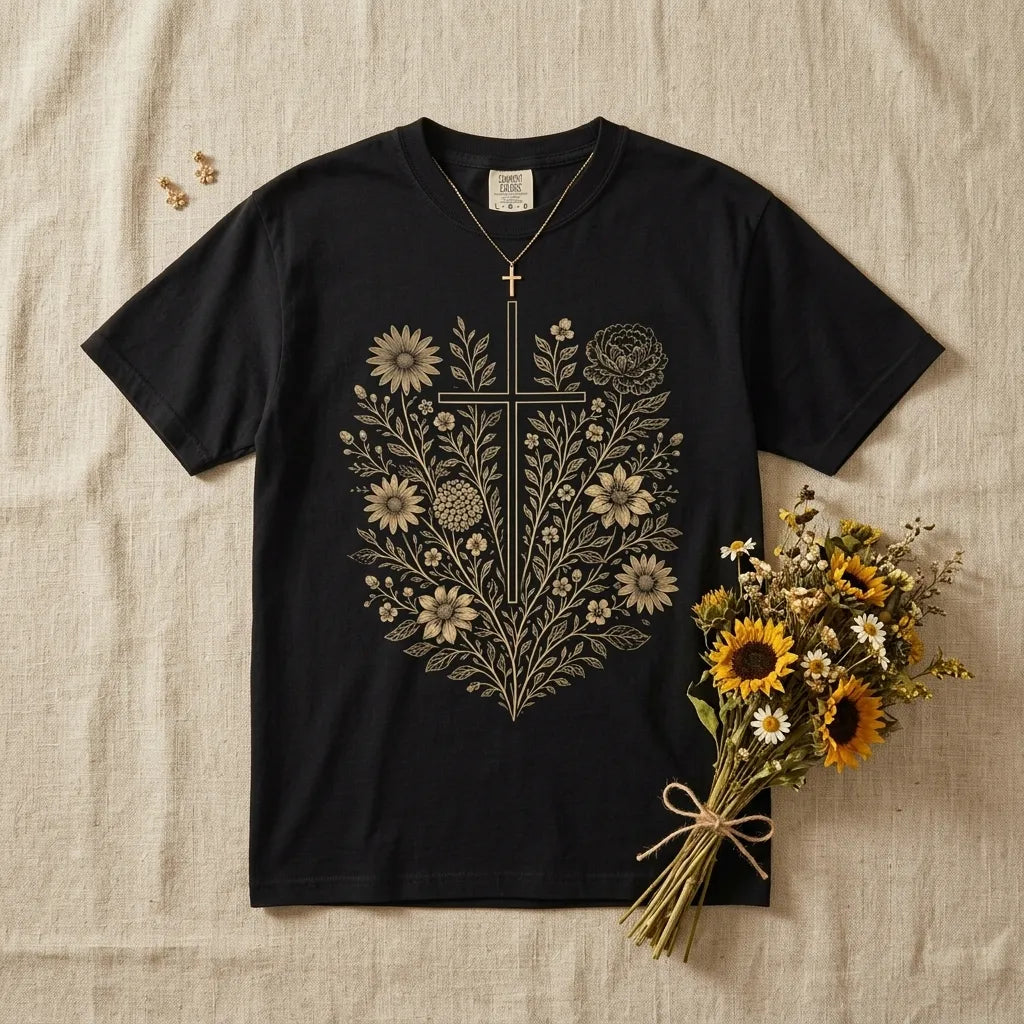 Floral Cross T-Shirt For Her — Vintage Botanical Christian Faith Tee
