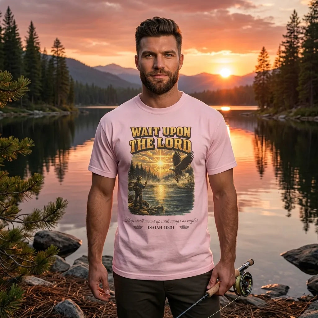 Wait Upon The Lord T-Shirt For Him — Isaiah 40:31 Christian Fishing Tee
