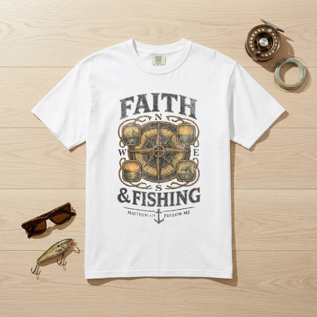 Faith & Fishing T-Shirt For Him — Nautical Compass Christian Fishing Tee