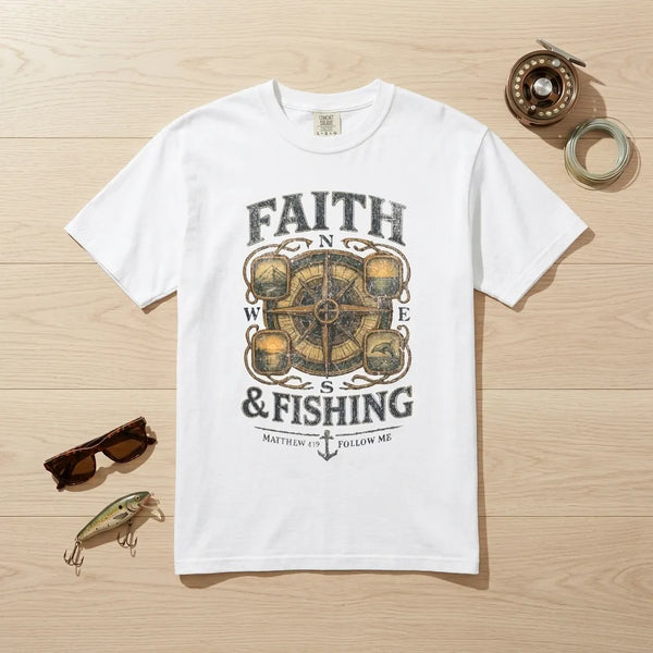 Faith & Fishing T-Shirt For Him — Nautical Compass Christian Fishing Tee