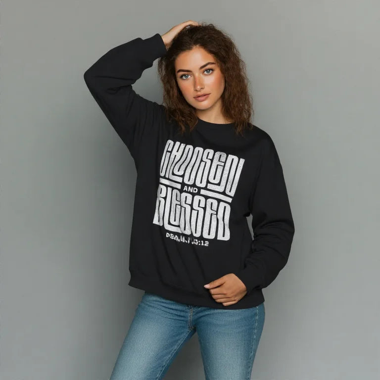 Crewneck Sweatshirt - 'Chosen and Blessed' Psalm 33:12 Christian Graphic Pullover