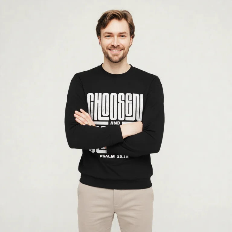 Crewneck Sweatshirt - 'Chosen and Blessed' Psalm 33:12 Christian Graphic Pullover
