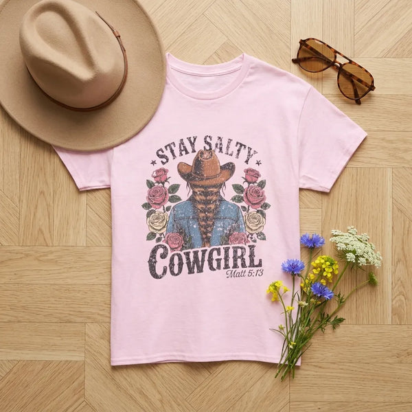 Stay Salty Cowgirl T-Shirt — Matthew 5:13 Christian Tee