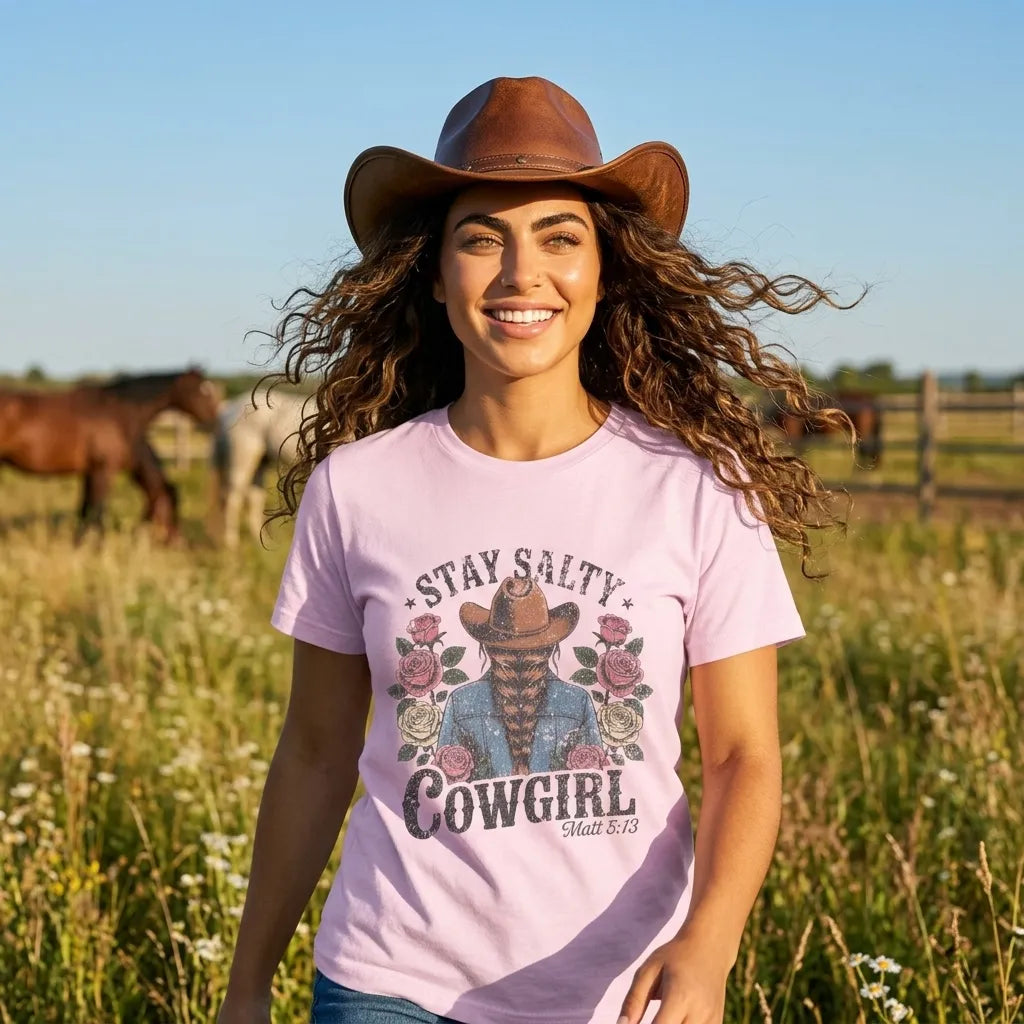 Stay Salty Cowgirl T-Shirt — Matthew 5:13 Christian Tee