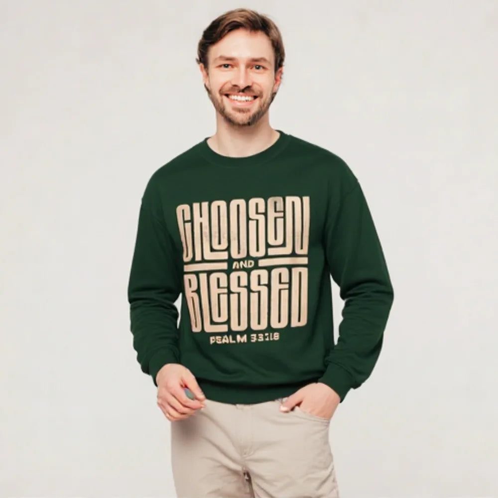 Crewneck Sweatshirt - 'Chosen and Blessed' Psalm 33:12 Christian Graphic Pullover