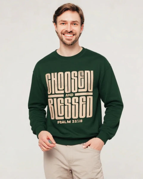 Crewneck Sweatshirt - 'Chosen and Blessed' Psalm 33:12 Christian Graphic Pullover