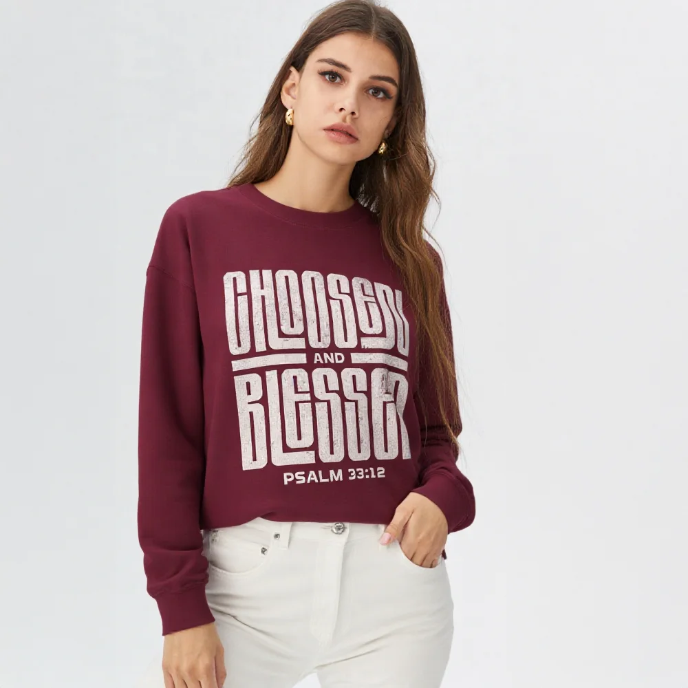 Crewneck Sweatshirt - 'Chosen and Blessed' Psalm 33:12 Christian Graphic Pullover
