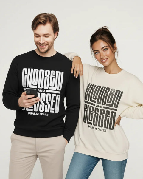 Crewneck Sweatshirt - 'Chosen and Blessed' Psalm 33:12 Christian Graphic Pullover