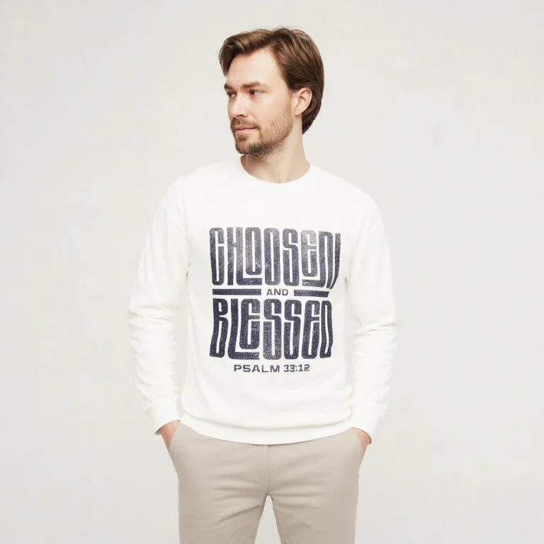 Crewneck Sweatshirt - 'Chosen and Blessed' Psalm 33:12 Christian Graphic Pullover