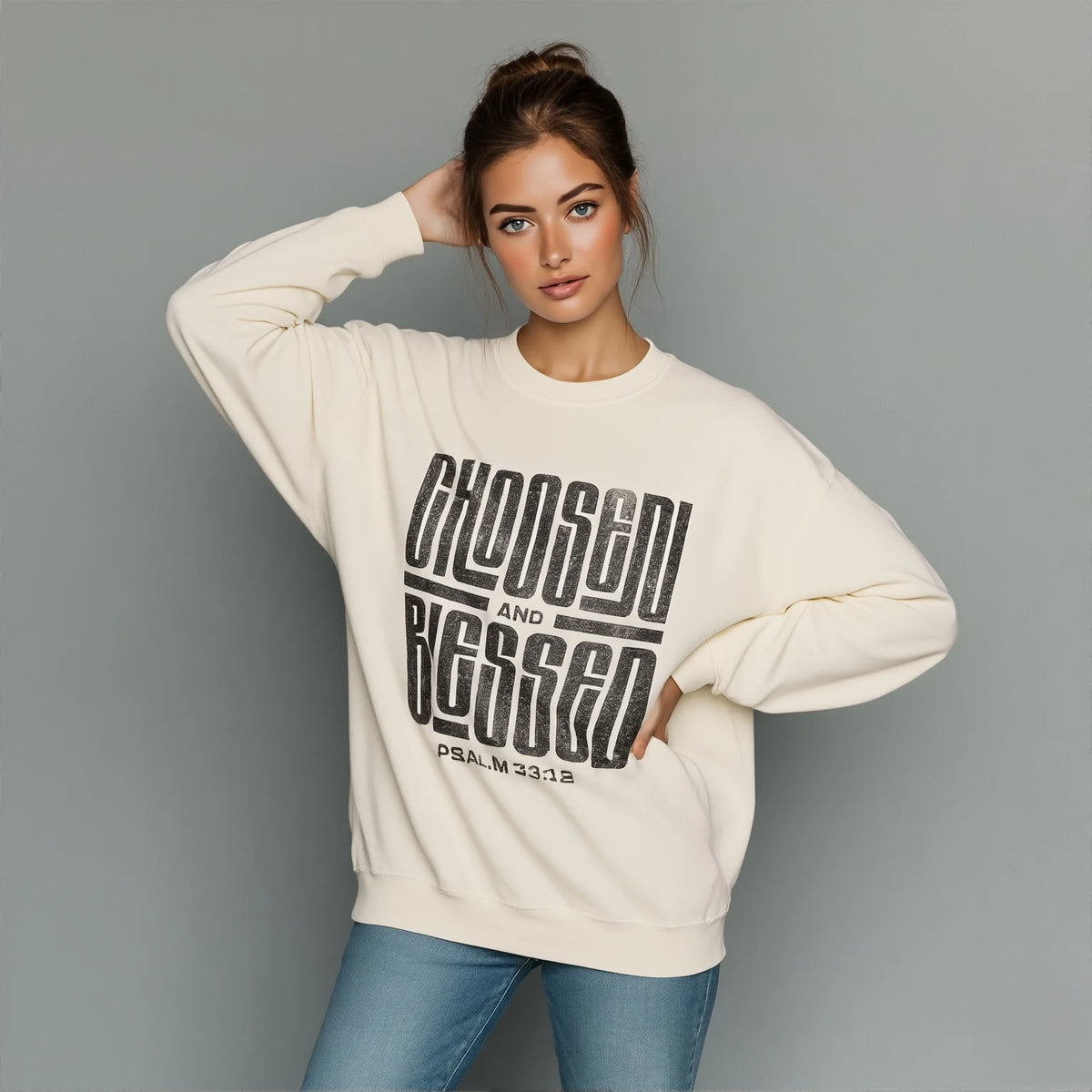 Crewneck Sweatshirt - 'Chosen and Blessed' Psalm 33:12 Christian Graphic Pullover