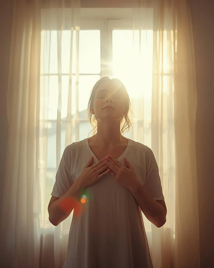 A woman standing by a window with morning light shining in, opening her hands in faith and trust toward God.